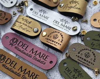 Custom Tags 2.9" x 0.8" For Knitting And Crochet, Faux Leather Labels For Handmade Items, Leather Tags With Rivets, Tags For Knitted Hats