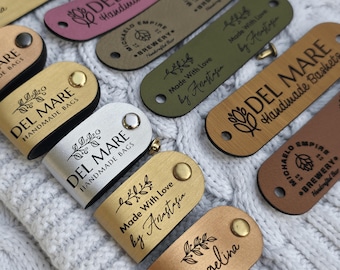 Custom Tags 2.75" x 0.75" For Knitting And Crochet, Faux Leather Labels For Handmade Items, Leather Tags With Rivets, Tags For Knitted Hats