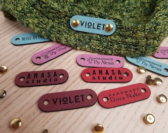Small Customized 1.5 x 0.5 in Faux Leather Product Rivets Tags, Personalized Tags for Knitting and Crochet, Cute Labels for Handmade Items