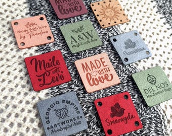 Custom Tags 1.2 x 1.2 inch For Knits And Crochet, Ultrasuede Labels For Handmade Items, Leather Tags With Rivets, Tags For Knitted Hats