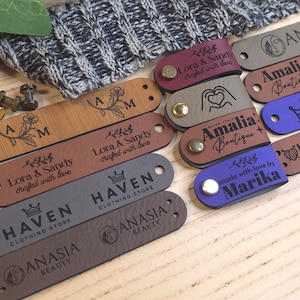 Custom Tags 2.85 x 0.60 inch For Knits And Crochet, Faux Leather Labels For Handmade Items, Leather Tags With Rivets, Tags For Knitted Hats