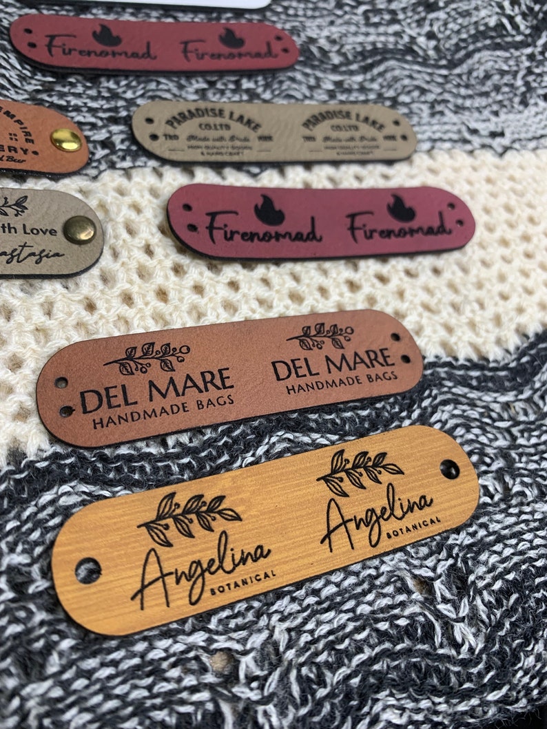 Custom Tags 2.75 x 0.75 inch For Knits And Crochet, Faux Leather Labels For Handmade Items, Leather Tags With Rivets, Tags For Knitted Hats image 8