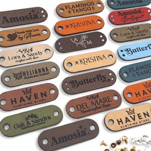 Small Customized 1.5 x 0.5 in Faux Leather Product Rivets Tags, Personalized Tags for Knitting and Crochet, Cute Labels for Handmade Items