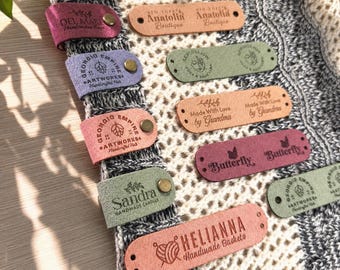 Custom Ultrasuede Tags 2.75 x 0.75 inch For Knits And Crochet, Labels For Handmade Items, Leather Tags With Rivets, Tags For Knitted Hats