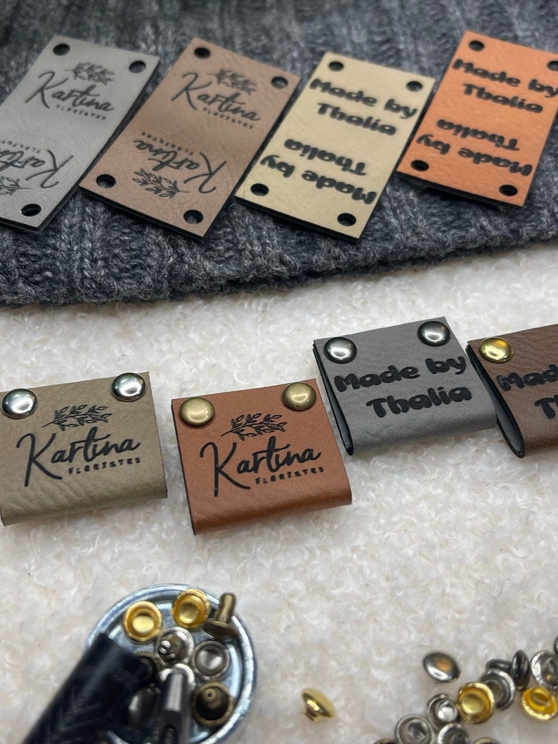 Customized 2 x 1 in Faux Leather Product Tags, SEW-ON Personalized Tags for Knitting and Crochet, Rivets Cute Labels Handmade Items image 1