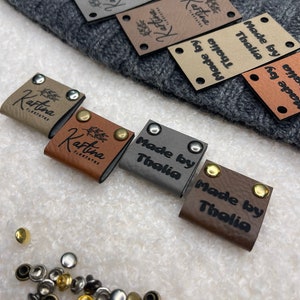 Customized 2 x 1 in Faux Leather Product Tags, SEW-ON Personalized Tags for Knitting and Crochet, Rivets Cute Labels Handmade Items image 2