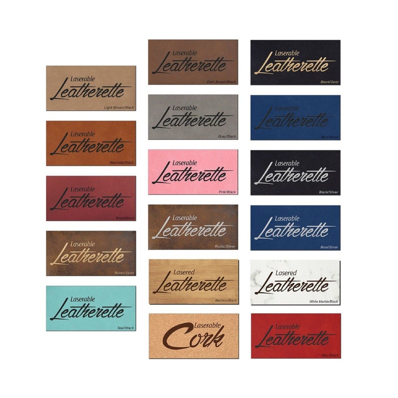 K&ouml;nnte beinhalten: Eine Sammlung von 12 verschiedenen Farb- und Materialmustern aus laserbarem Kunstleder. Die Muster sind mit dem Text "Laserable Leatherette" und dem Farb- oder Materialtyp beschriftet. Die Farben umfassen hellbraun, dunkelbraun, grau, rosa, rot, rustikales Silber, blau, Bambus, wei&szlig;er Marmor und Kork.