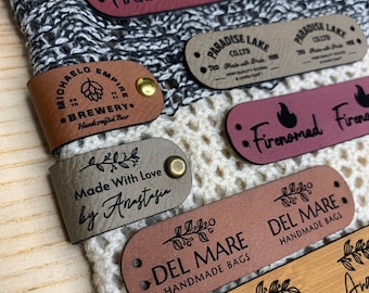Custom Tags 2.75 x 0.75 inch For Knits And Crochet, Faux Leather Labels For Handmade Items, Leather Tags With Rivets, Tags For Knitted Hats