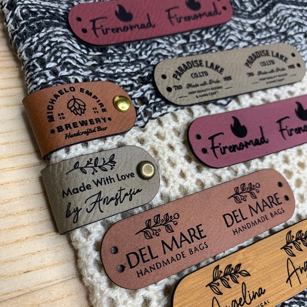 Custom Tags 2.75 x 0.75 inch For Knits And Crochet, Faux Leather Labels For Handmade Items, Leather Tags With Rivets, Tags For Knitted Hats