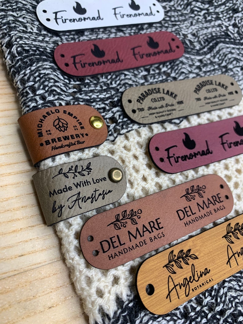 Custom Tags 2.75 x 0.75 inch For Knits And Crochet, Faux Leather Labels For Handmade Items, Leather Tags With Rivets, Tags For Knitted Hats image 1