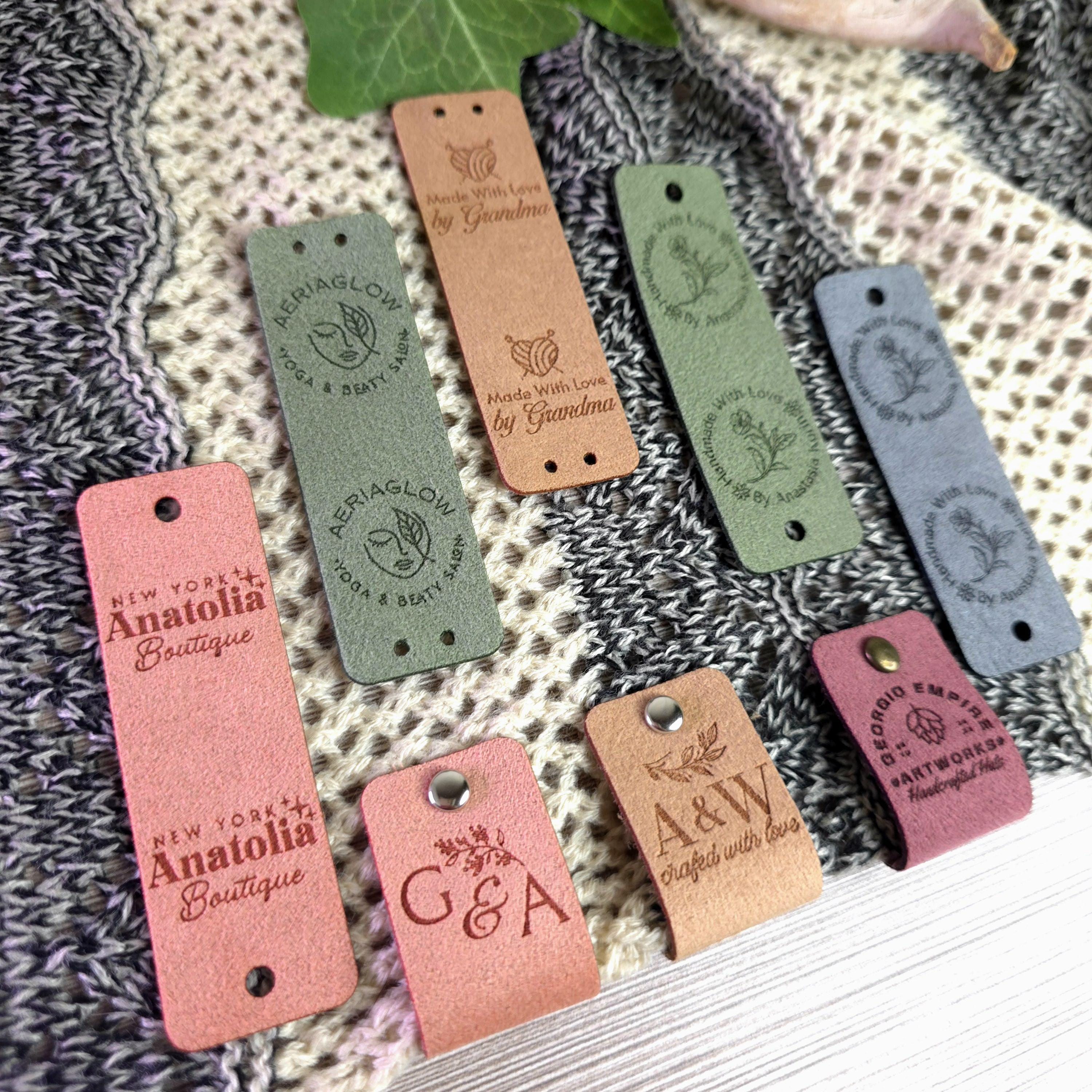 Custom Ultrasuede Tags 0.95 x 3 inch For Knits And Crochet, Labels For Handmade Items, Leather Tags With Rivets, Tags For Knitted Hats