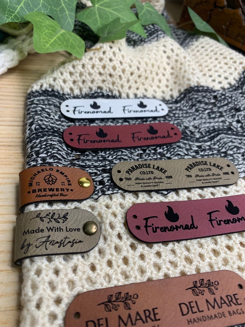 Custom Tags 2.75 x 0.75 inch For Knits And Crochet, Faux Leather Labels For Handmade Items, Leather Tags With Rivets, Tags For Knitted Hats image 2