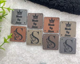 Customized 1 x 1 in Faux Leather Product Tags, SEW-ON Personalized Tags for Knitting and Crochet, Cute Labels Handmade Items