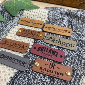 Customized 2 x 0.75 in Faux Leather Product Tags, SEW-ON  Personalized Tags for Knitting and Crochet, Rivets Cute Labels Handmade Items