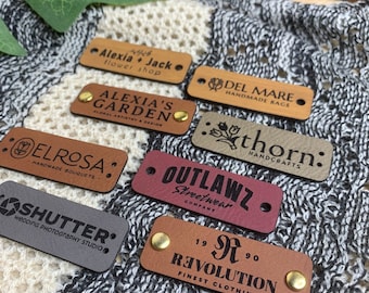 Customized 2 x 0.75 in Faux Leather Product Tags, SEW-ON  Personalized Tags for Knitting and Crochet, Rivets Cute Labels Handmade Items