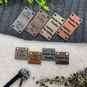 Customized 2 x 1 in Faux Leather Product Tags, SEW-ON Personalized Tags for Knitting and Crochet, Rivets Cute Labels Handmade Items image 9