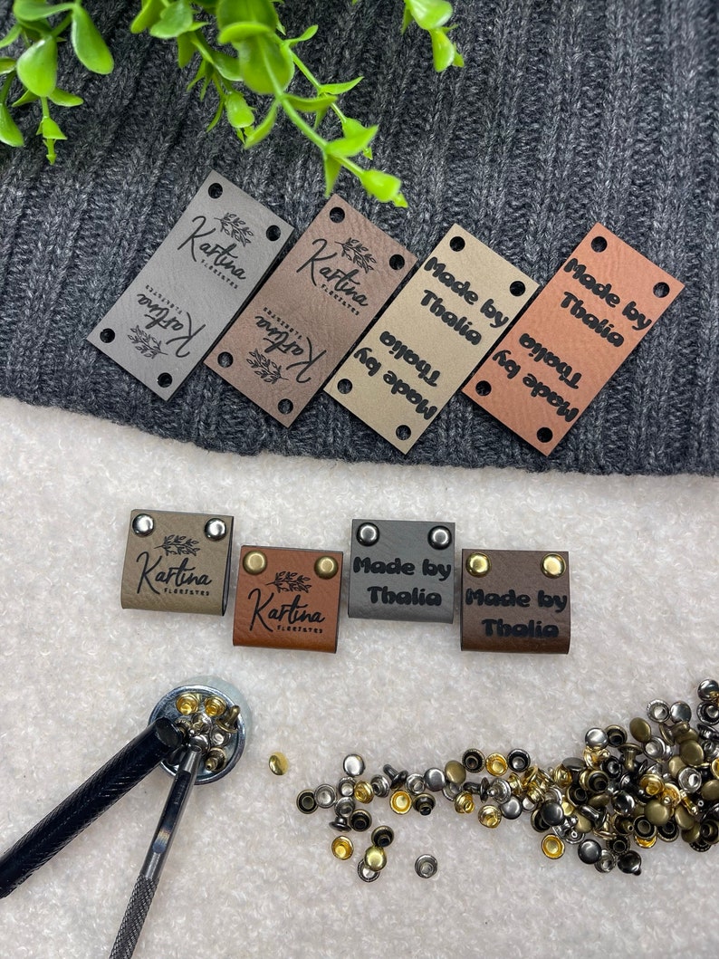 Customized 2 x 1 in Faux Leather Product Tags, SEW-ON Personalized Tags for Knitting and Crochet, Rivets Cute Labels Handmade Items image 9