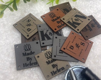 Customized 1 x 1 in Faux Leather Product Tags, SEW-ON Personalized Tags for Knitting and Crochet, Cute Labels Handmade Items
