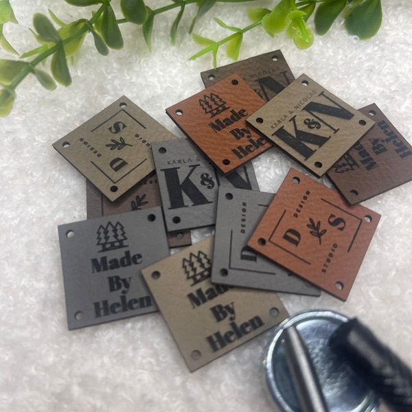 Customized 1 x 1 in Faux Leather Product Tags, SEW-ON Personalized Tags for Knitting and Crochet, Cute Labels Handmade Items