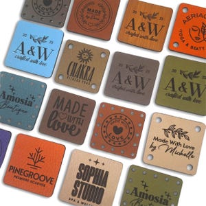 Custom Tags 1.2 x 1.2 inch For Knits And Crochet, Faux Leather Labels For Handmade Items, Leather Tags With Rivets, Tags For Knitted Hats