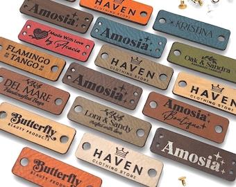 Small Customized 1.5 x 0.5 in Faux Leather Product Tags, w Rivets Personalized Tags for Knitting and Crochet, Cute Labels for Handmade Items
