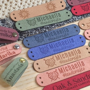 Custom Ultrasuede Tags 2.85 x 0.60 inch For Knits And Crochet, Labels For Handmade Items, Leather Tags With Rivets, Tags For Knitted Hats