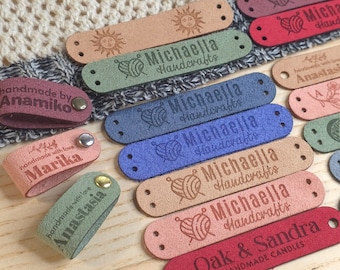 Custom Ultrasuede Tags 2.85 x 0.60 inch For Knits And Crochet, Labels For Handmade Items, Leather Tags With Rivets, Tags For Knitted Hats