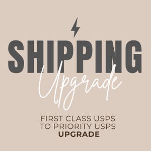 May include: A graphic with the text "SHIPPING Upgrade" in bold, gray letters. Below the text is the word "Upgrade" in white cursive writing. Below that is the text "FIRST CLASS USPS TO PRIORITY USPS UPGRADE" in brown letters.