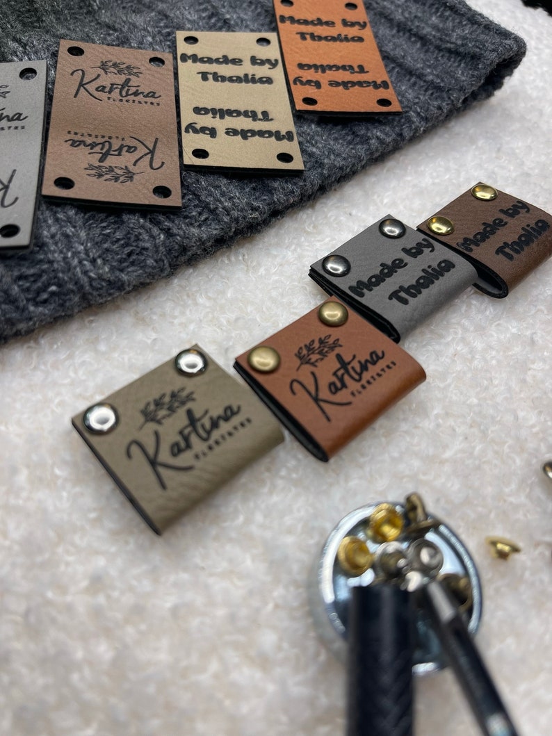 Customized 2 x 1 in Faux Leather Product Tags, SEW-ON Personalized Tags for Knitting and Crochet, Rivets Cute Labels Handmade Items image 10