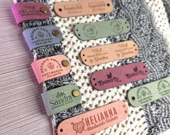 Custom Ultrasuede Tags 2.75 x 0.75 inch For Knits And Crochet, Labels For Handmade Items, Leather Tags With Rivets, Tags For Knitted Hats