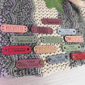 Custom Ultrasuede Tags 1.75 x 0.55 inch For Knits And Crochet, Labels For Handmade Items, Leather Tags With Rivets, Tags For Knitted Hats