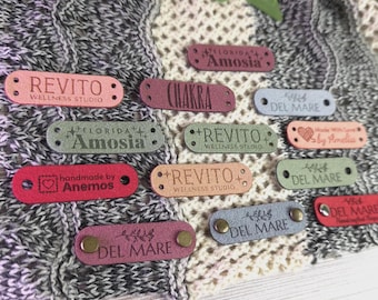 Custom Ultrasuede Tags 1.75 x 0.55 inch For Knits And Crochet, Labels For Handmade Items, Leather Tags With Rivets, Tags For Knitted Hats