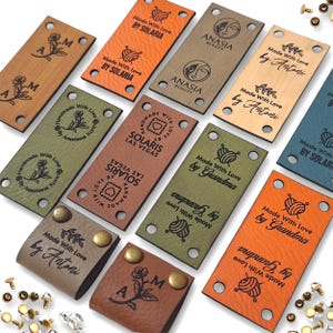 Customized 2 x 1 in Faux Leather Product Tags, SEW-ON  Personalized Tags for Knitting and Crochet, Rivets Cute Labels Handmade Items
