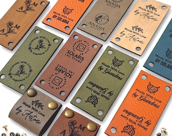 Customized 2 x 1 in Faux Leather Product Tags, SEW-ON  Personalized Tags for Knitting and Crochet, Rivets Cute Labels Handmade Items