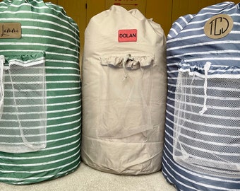 Personalized Laundry Bags | Hamper | Backpack | College Dorm | Student | Washer Dryer | Custom Leather Patch | Stripes Solid | Dirty Laundry