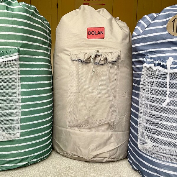 Personalized Laundry Bags | Hamper | Backpack | College Dorm | Student | Washer Dryer | Custom Leather Patch | Stripes Solid | Dirty Laundry