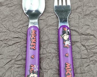 Vintage 90s Disney Mickey Mouse Child Fork and Spoon Flatware Set Purple Handle Stainless Steel Kids Toddler Utensils Character cutlery