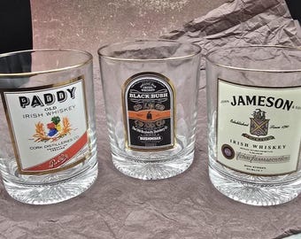 Set of 3 Vintage Irish whiskey Classes, Paddy,Black Bush,Jameson Tumblers. Unique Fathers Day Gift for Dad or Whiskey Lover, Home Bar