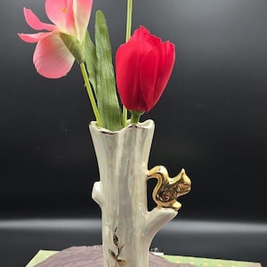 Vintage Lusterware Tree Trunk Vase with Gold Squirrel | Mid-Century Woodland Ceramic Decor
