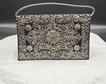 Evening Clutch Zardozi Bullion Embroidered black velvet bag handmade in India