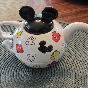 Vintage Disney Mickey Mouse Tea for One Ceramic Stacking Teapot and cup Set Scattered icon Pattern Made in Thailand