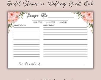 Pink Floral Recipe Card and Recipe Box Dividers for Bridal Shower/Wedding Guest Book