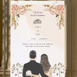 以下が含まれることがあります： 花柄のデザインと下部にカップルが描かれた結婚式用のウェルカムサイン。サインには「私たちの結婚式へようこそ」と「SaraとTim」の名前、そして「9月22日日曜日」の日付が書かれています。また、「今日は永遠の始まり、私たちのラブストーリーへようこそ！」という文も書かれています。