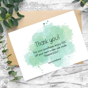 Green Watercolor Thank You Card for Small Business Orders- Editable Canva Template- Thank You Card Template- Business Order Thank You Card