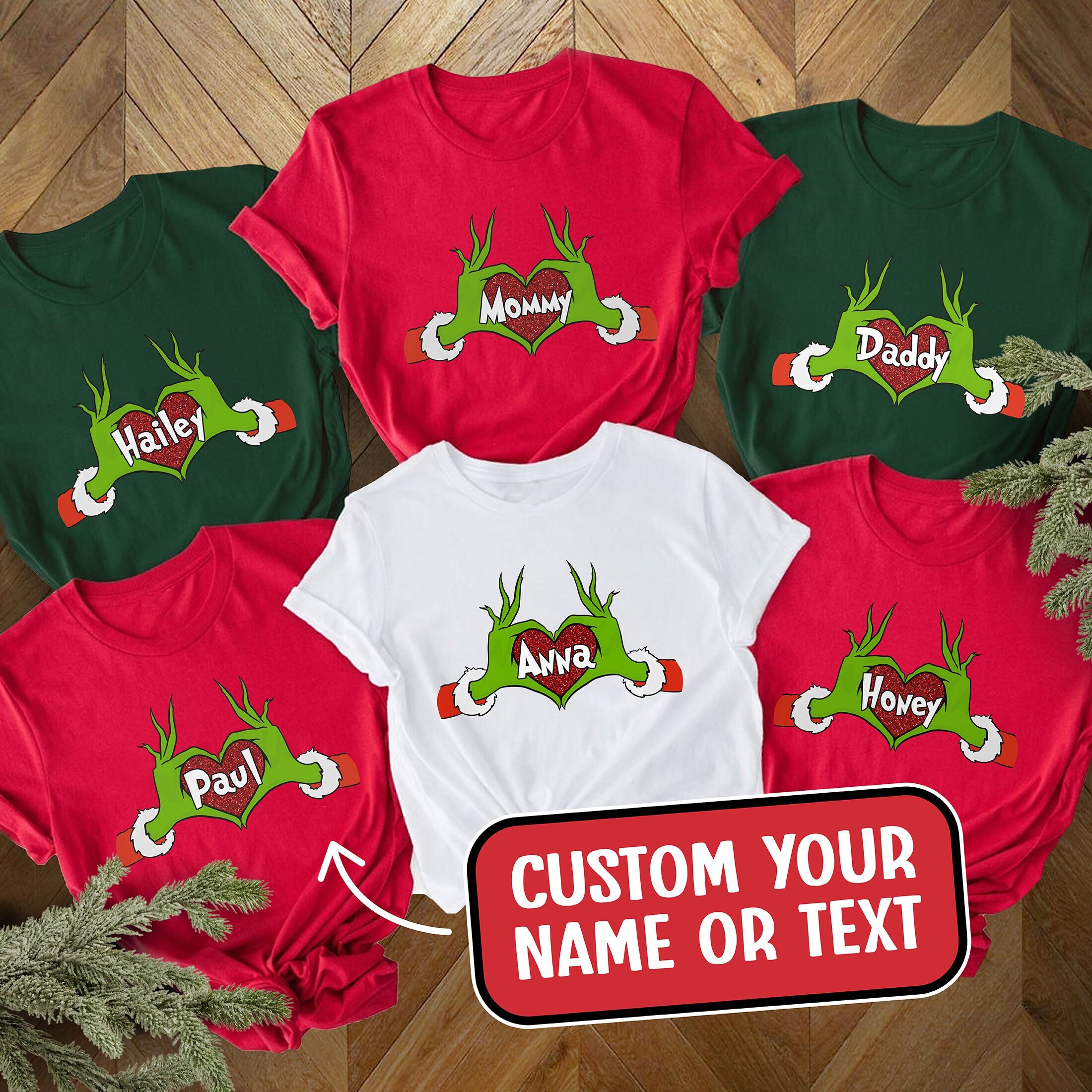 Grinch Heart Hand Sweatshirt, Personalized Grinch Christmas Crewneck, Custom Family Christmas Hoodie, Whoville University, Grinchmas Tee