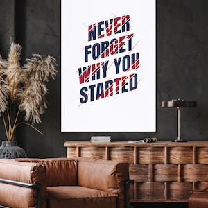 Motywująca sztuka ścienna - Nigdy nie zapomnij, dlaczego zacząłeś - Nowoczesny wydruk typograficzny - Inspirujący plakat do biura, siłowni, wystroju domu