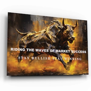 Motywacyjna sztuka ścienna Bull Market – Golden Bull Investor Decor| Płótno handlowe do biura, entuzjastów Wall Street, traderów finansowych i kryptowalut