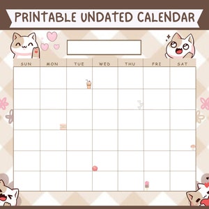 Editable Cute Kawaii Undated Calendar, Printable, Digital - Etsy