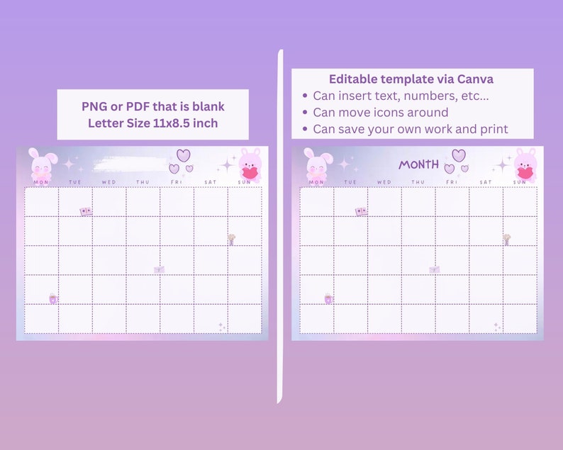 Cute Purple Undated Calendar, Digital and Editable Template, Printable ...