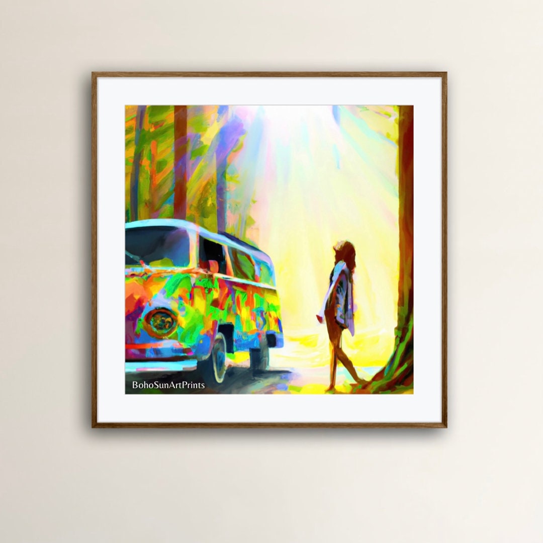 Retro Van Life Girl Painting Digital Printable Bohemian and Hippie Wall